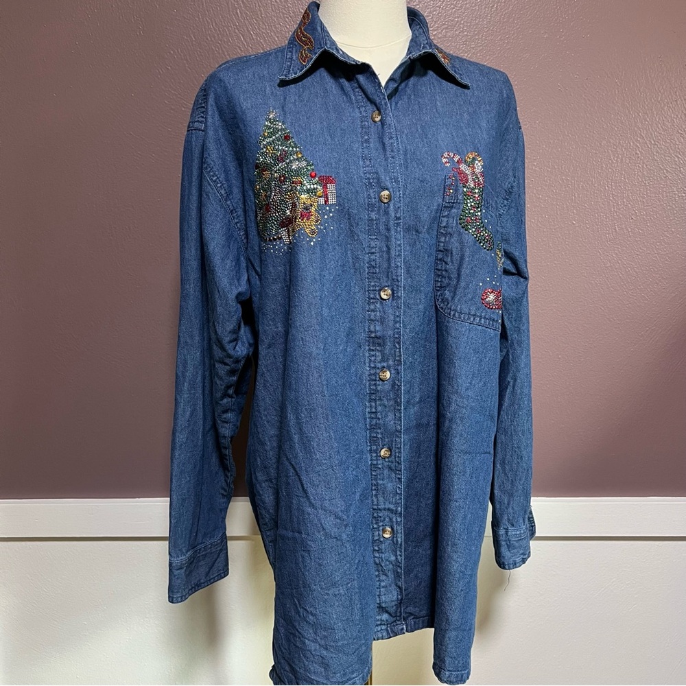Women's Blue Button Down Christmas Holiday Shirt